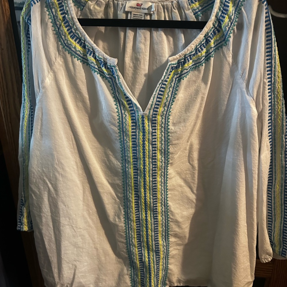 Vineyard Vines White Peasant Tunic with Blue & Yellow Embroidery